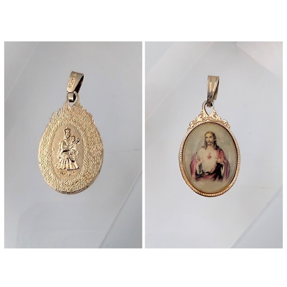 VTG Sacred Heart of Jesus‎ and ND De Mt Carmel Medal Pendant Gold Tone Germany